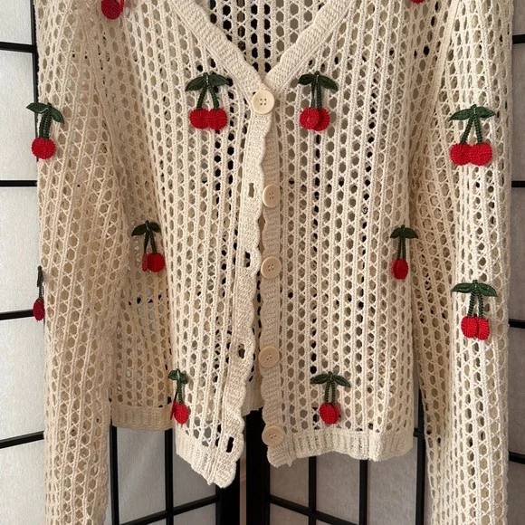 Rebellion Cream Crochet Cardigan with Red Cherry Embroidery - Picture 6 of 7